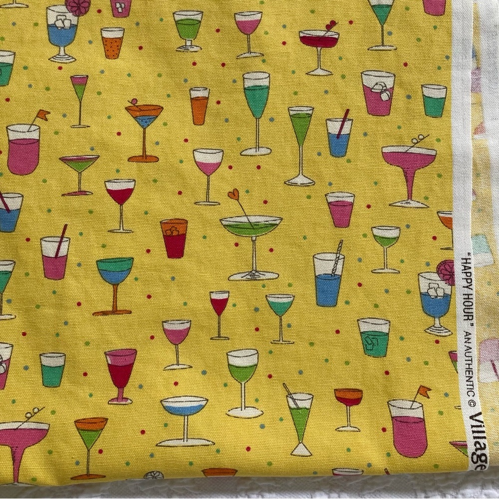 Fabric 2 Yards cotton Happy Hour village screen print yellow cocktail drinks